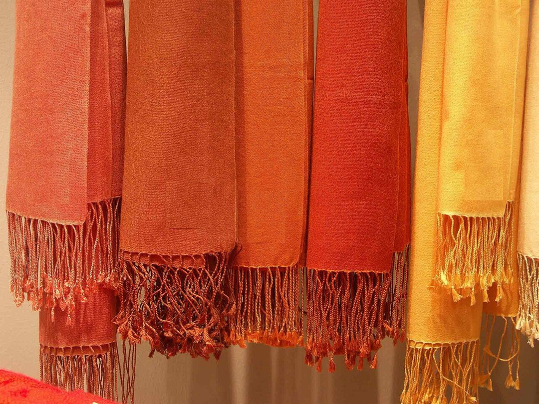 Pashmina scarves with fringed ends hanging in a row